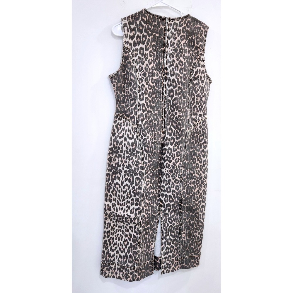 Mint Velvet Leopard Print Denim Midi Dress Sleeveless Sheath Brown‎ Tan US 10 - Picture 3 of 5